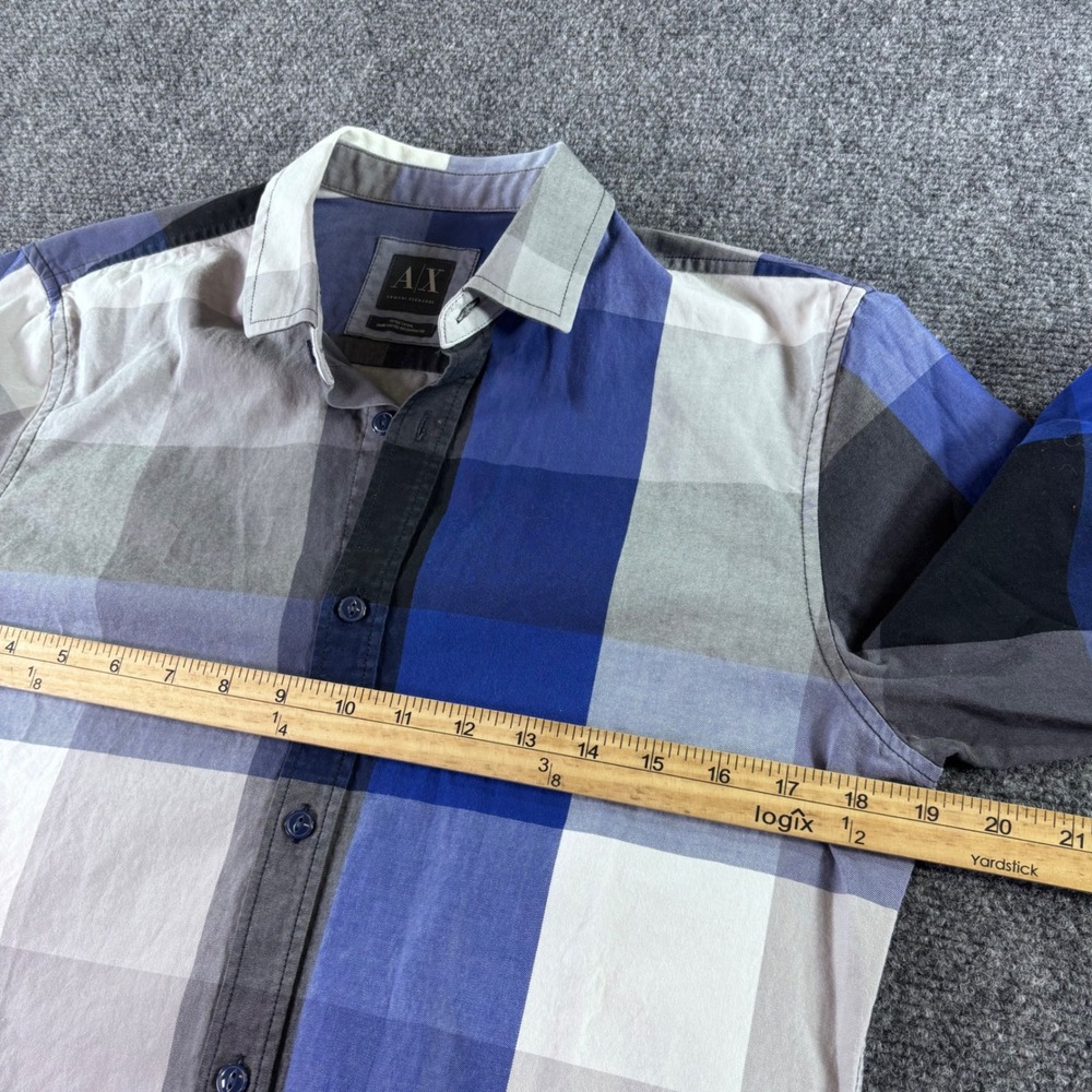 Armani Exchange Button Down Shirt Mens Small Blue Grey Large Check Plaid Fitted - Picture 7 of 8